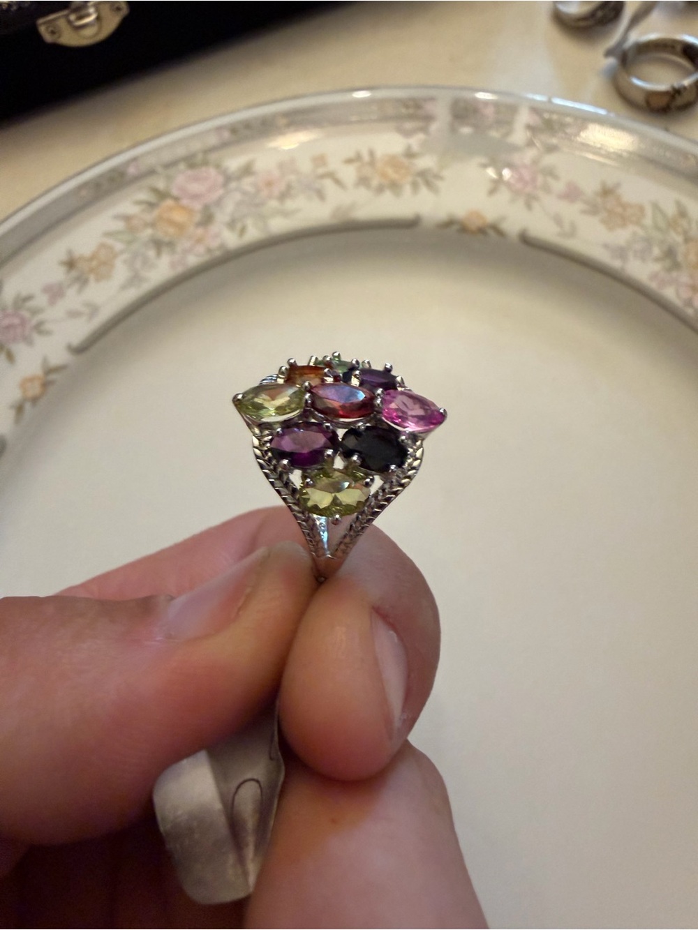 Multicolor fluorescent Gemstone Cluster Sterling Ring - Women Jewelry